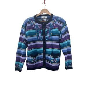 Accordeon Vintage Striped Floral Embroidered Grandma Sweater Cardigan Size L